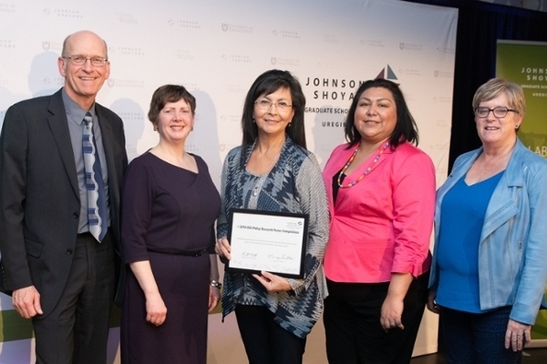 R-L: Jim Engel, Vice President, Corporate Services and Gaming Operations Division Saskatchewan Liquor and Gaming Authority; • Lee Anne Schienbein, President of IPAC Saskatchewan, and Crown Counsel in the Saskatchewan Ministry of Justice; Marlene McNab, JSGS PhD student and poster competition winner: • Nicole Callihoo,  Assistant Deputy Minister of the First Nations, Métis, Inuit Education Directorate for Alberta Education, and JSGS Alumna; and • Ingrid Cazakoff, CEO, Heritage Saskatchewan