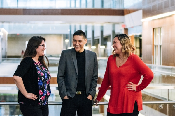 R-L: Kirstin Scansen-Isbister, IPHRC Indigenous Research and Engagement Specialist - North,  Moses Gordon, IPHRC Indigenous Research and Engagement Specialist – South,  Cassandra Opikokew Wajuntah, IPHRC Director. Missing: Neal Kewistep, JSGS Executive-in-Residence. Photo credit: Christopher Plishka, SCPOR 