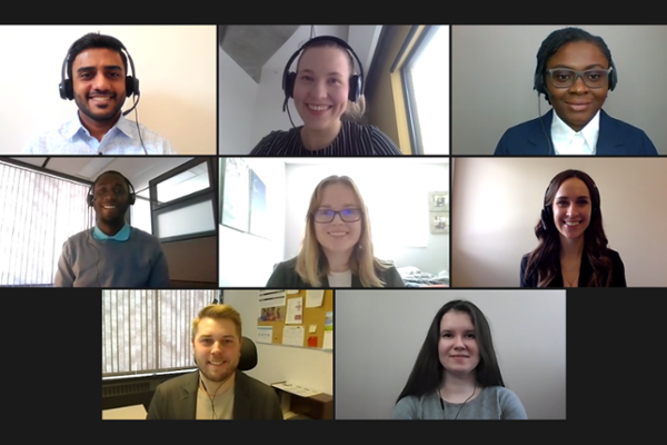 L-R (top to bottom): Sushant Sharma, Heather Barlow, Abimbola Ojo, Sheldon Grant, Nancy Carlson (MPA ‘14, coach), Iryna Laurynovich, Derrick Lepine (MPA ’17, coach), and Anastasiia Kalugina.