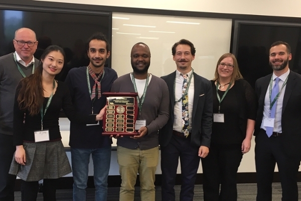 L-R: Doug Moen, JSGS Executive Director; Zi Ling; Mehrdad Safaei; Hisham Ekmekki; Martin Glazebrook; Cammy Colpitts, JSGS Alumna and ADM, Trade and Export Development, Government of Saskatchewan; Aaron Wirth, JSGS Alumnus and Director, Ministry of Immigration and Career Training, Government of Saskatchewan      