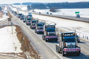 Freedom Convoy taken in Central Alberta on their way to the Legislature Building in Edmonton in support of the Freedom/Anti-government mandate Convoy of Truckers in Ottawa, Ontario, Canada. Photo credit: Naomi McKinney on Unsplash